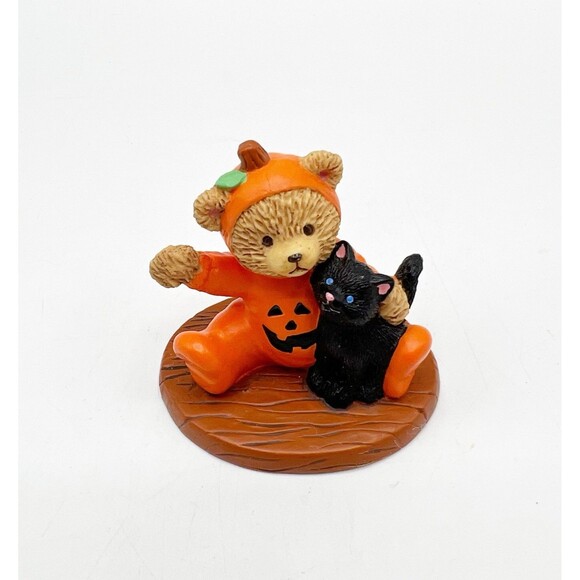 Vintage Russ Lil Haunters Teddy Bear Pumpkin Black Cat Halloween Figurine 2.75" - Picture 1 of 7